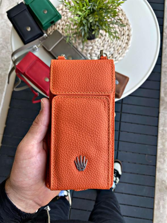 Hakiki Deri Turuncu Askılı Çanta 4 Kart Bölmesi, Telefon ve Para Bölmesi, Fermuarlı, Çıtçıtlı Askılı Telefon Çantası Luısaw