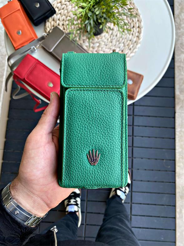 Hakiki Deri Yeşil Askılı Çanta 4 Kart Bölmesi, Telefon ve Para Bölmesi, Fermuarlı, Çıtçıtlı Askılı Telefon Çantası Luısaw