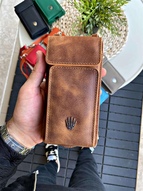Hakiki Deri Taba Askılı Çanta 4 Kart Bölmesi, Telefon ve Para Bölmesi, Fermuarlı, Çıtçıtlı Askılı Telefon Çantası Luısaw