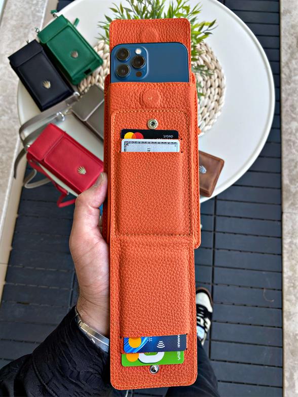 Hakiki Deri Turuncu Askılı Çanta 4 Kart Bölmesi, Telefon ve Para Bölmesi, Fermuarlı, Çıtçıtlı Askılı Telefon Çantası Luısaw