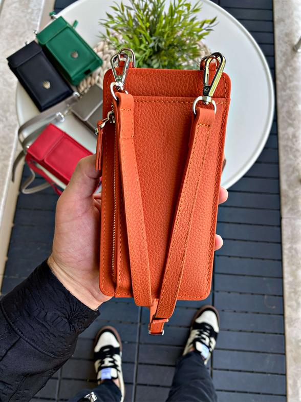 Hakiki Deri Turuncu Askılı Çanta 4 Kart Bölmesi, Telefon ve Para Bölmesi, Fermuarlı, Çıtçıtlı Askılı Telefon Çantası Luısaw