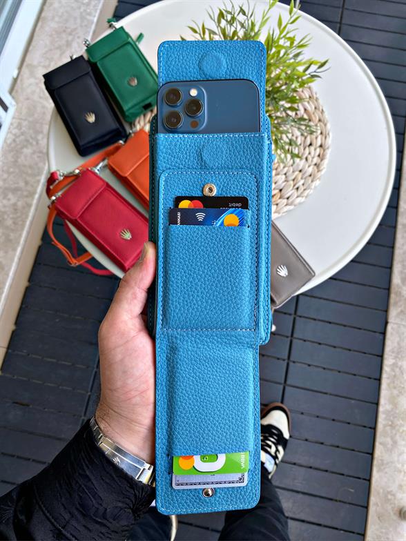 Hakiki Deri Turkuaz Askılı Çanta 4 Kart Bölmesi, Telefon ve Para Bölmesi, Fermuarlı, Çıtçıtlı Askılı Telefon Çantası Luısaw