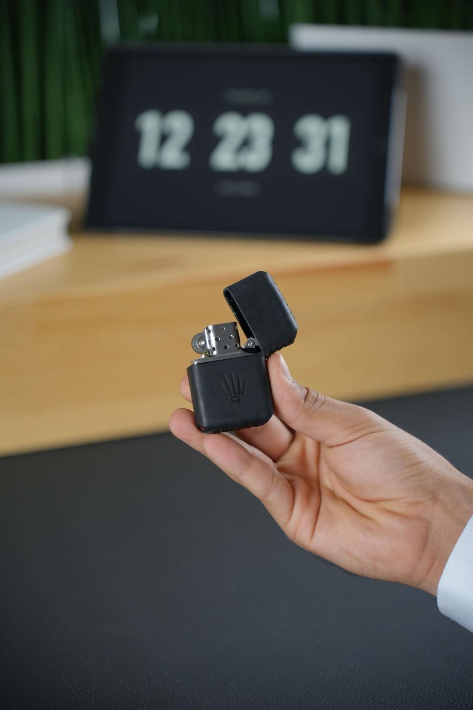 GENUINE LEATHER CRAZY GASOLINE LIGHTER WITH BLACK CASE