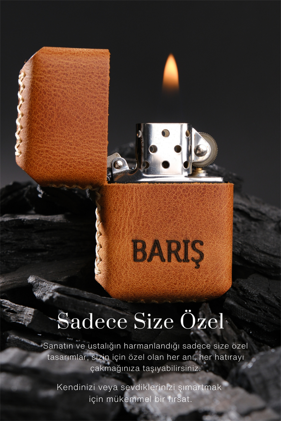 GASOLINE LIGHTER WITH GENUINE LEATHER TILE CASE