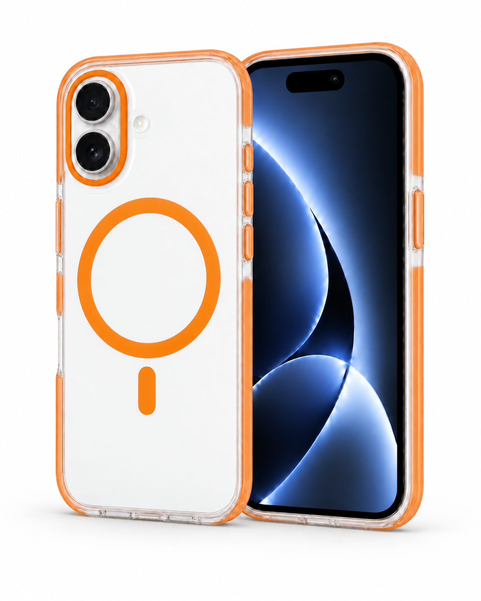 Onyx  Iphone 16 Turuncu Kılıf Manyetik Özellikli Şeffaf Sert Pc Embos Kılıf+Kamera Koruyucu