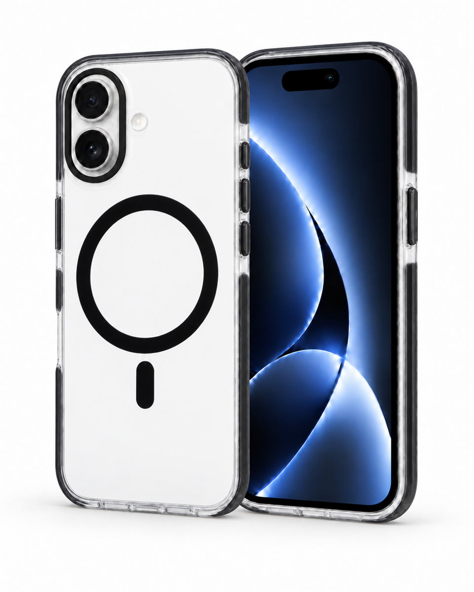 Onyx  Iphone 16 Siyah Kılıf Manyetik Özellikli Şeffaf Sert Pc Embos Kılıf+Kamera Koruyucu