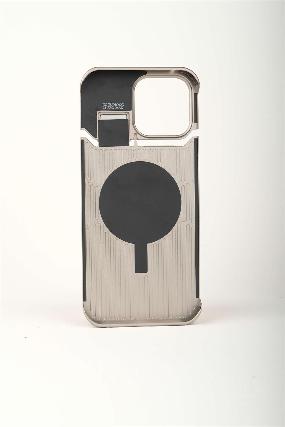 Therock 16 Pro Titanyum Gri  Manyetik Özellikli Alüminyum Alaşımlı Hakiki Deri,Kokulu Metal Kızaklı Telefon Kılıfı