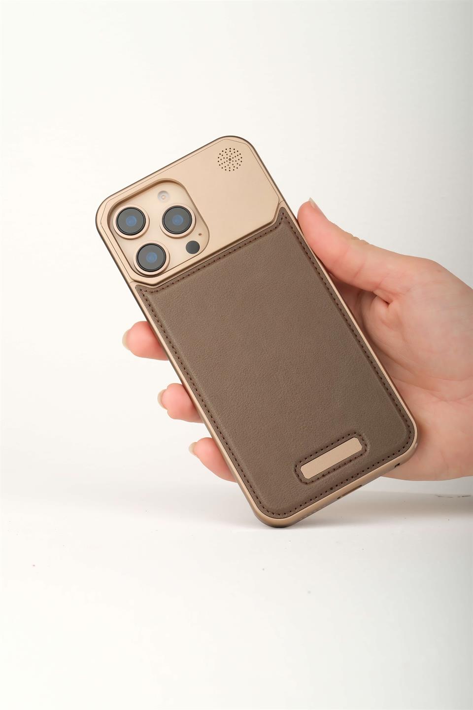 Therock 16 Pro Rose Yeşil Manyetik Özellikli Alüminyum Alaşımlı Hakiki Deri,Kokulu Metal Kızaklı Telefon Kılıfı