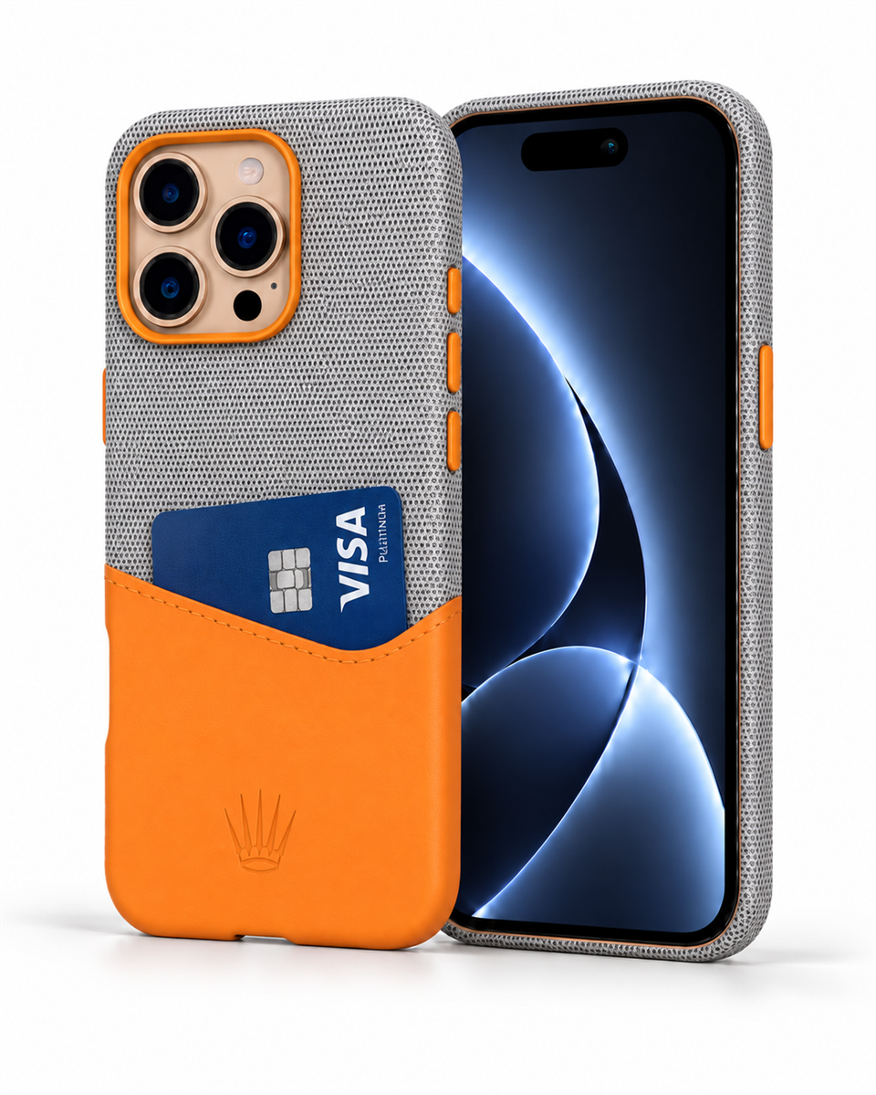 Nova Iphone 16 Pro Deri Kartlıklı Telefon Kılıfı Gri-Turuncu 