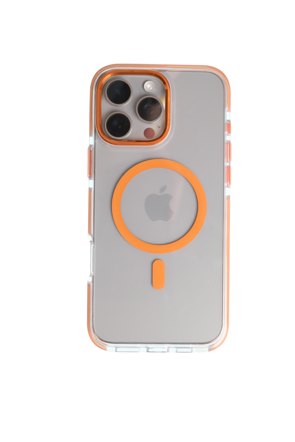 Silicone case Iphone 16 Pro Turuncu Kılıf Manyetik Özellikli Şeffaf Sert Pc Embos Kılıf+Kamera Koruyucu+Kartlık