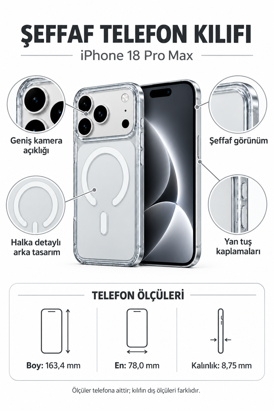 ClearCase White iPhone 18 Pro Manyetik Şeffaf Kılıf