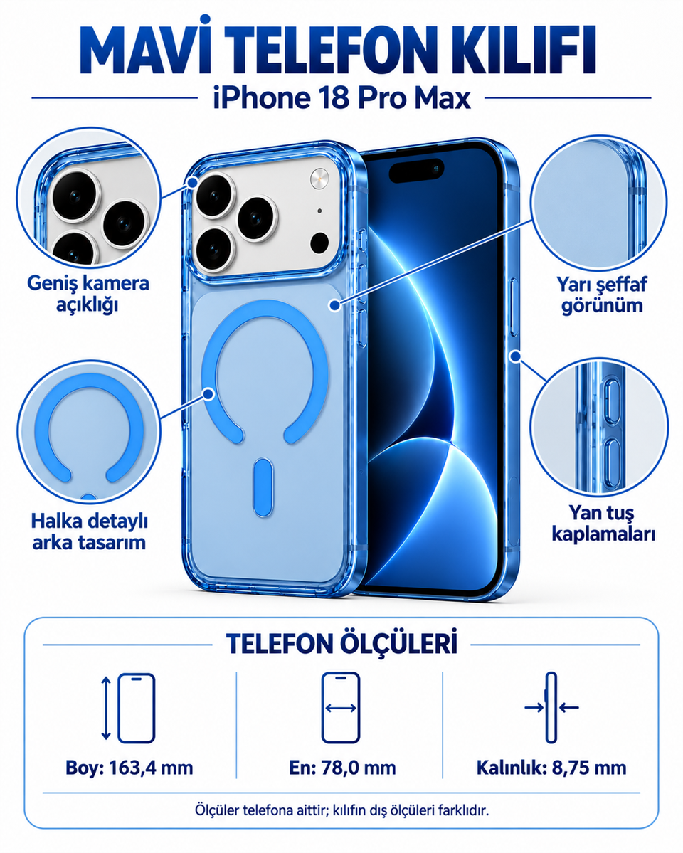 ClearCase Blue iPhone 18 Pro Manyetik Şeffaf Kılıf
