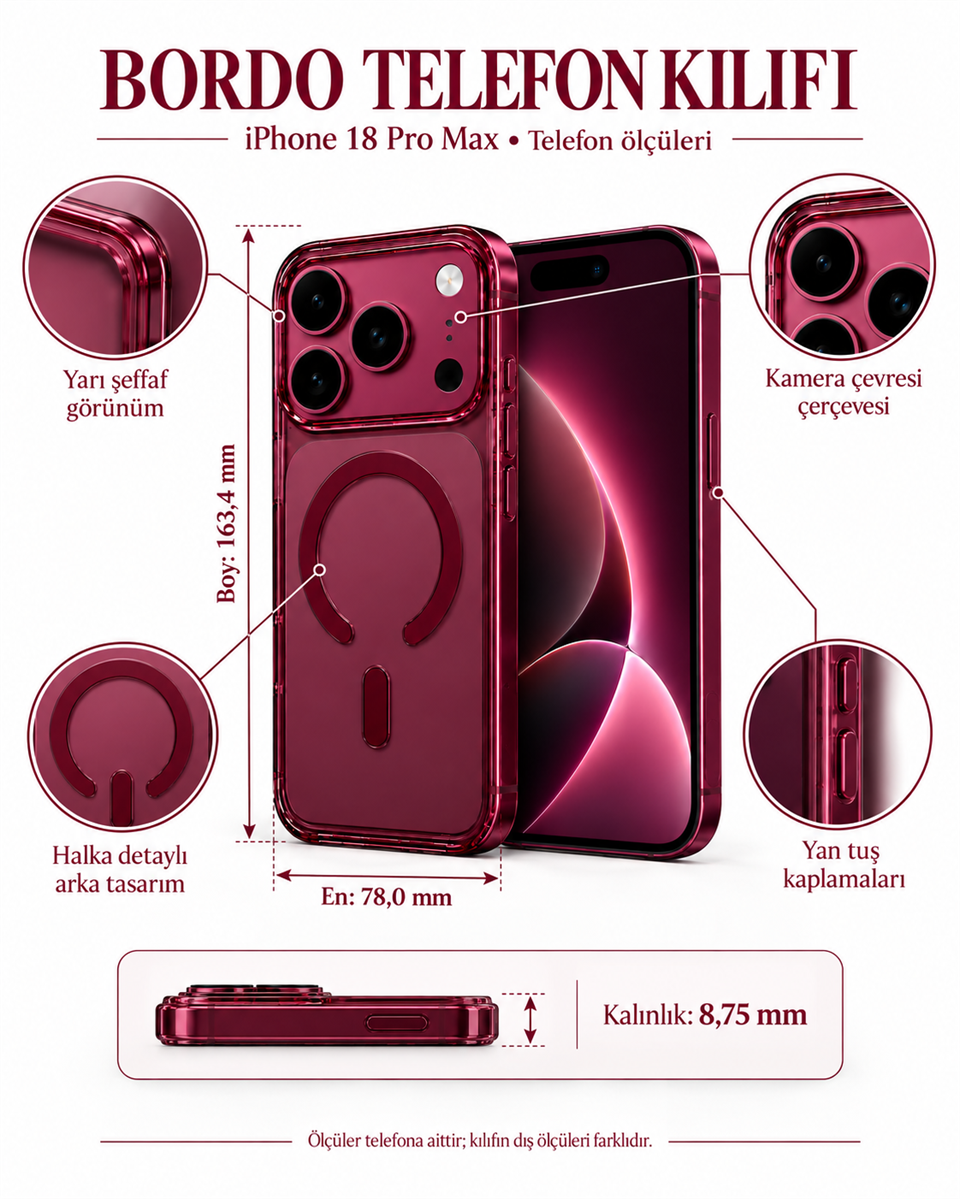 ClearCase Bordo iPhone 18 Pro Max Manyetik Şeffaf Kılıf