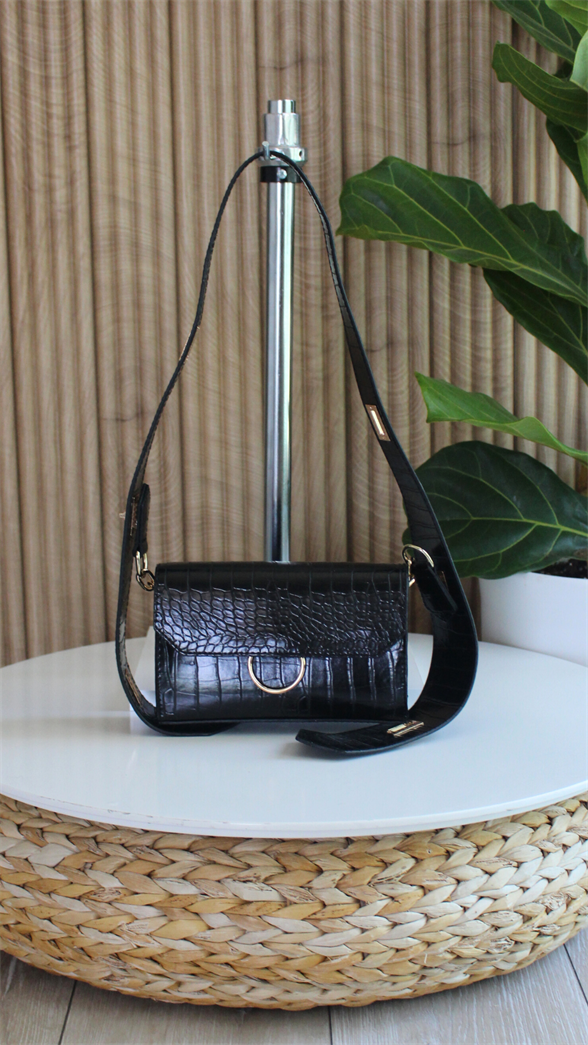 Kadın Desenli Siyah Deri Ayarlanabilir Omuz Ve El Çantası Dina