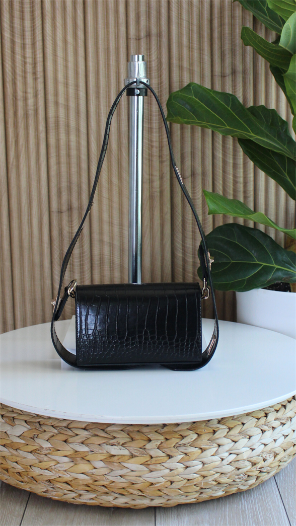 Kadın Desenli Siyah Deri Ayarlanabilir Omuz Ve El Çantası Dina