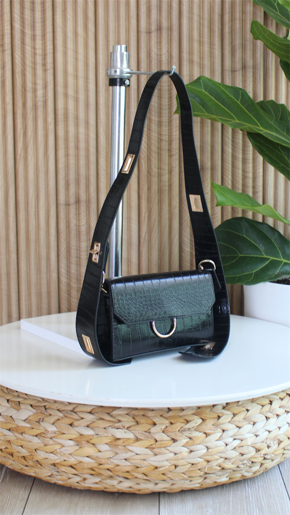 Kadın Desenli Siyah Deri Ayarlanabilir Omuz Ve El Çantası Dina