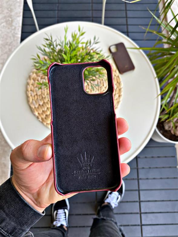 Hakiki Deri iPhone 12 Mini Bordo Kılıf Kadife İç Yüzey, MagSafe Özellikli