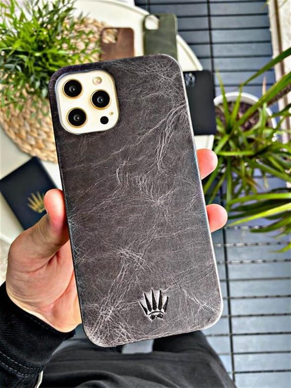 Hakiki Deri iPhone 12 Mini Gri Kılıf Kadife İç Yüzey, Manyetik Özellikli