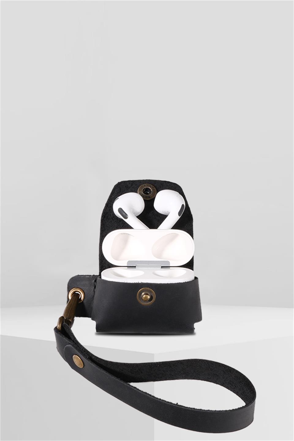 Apple Airpods Pro Hakiki Deri Kılıf+Anahtarlık Mat Siyah