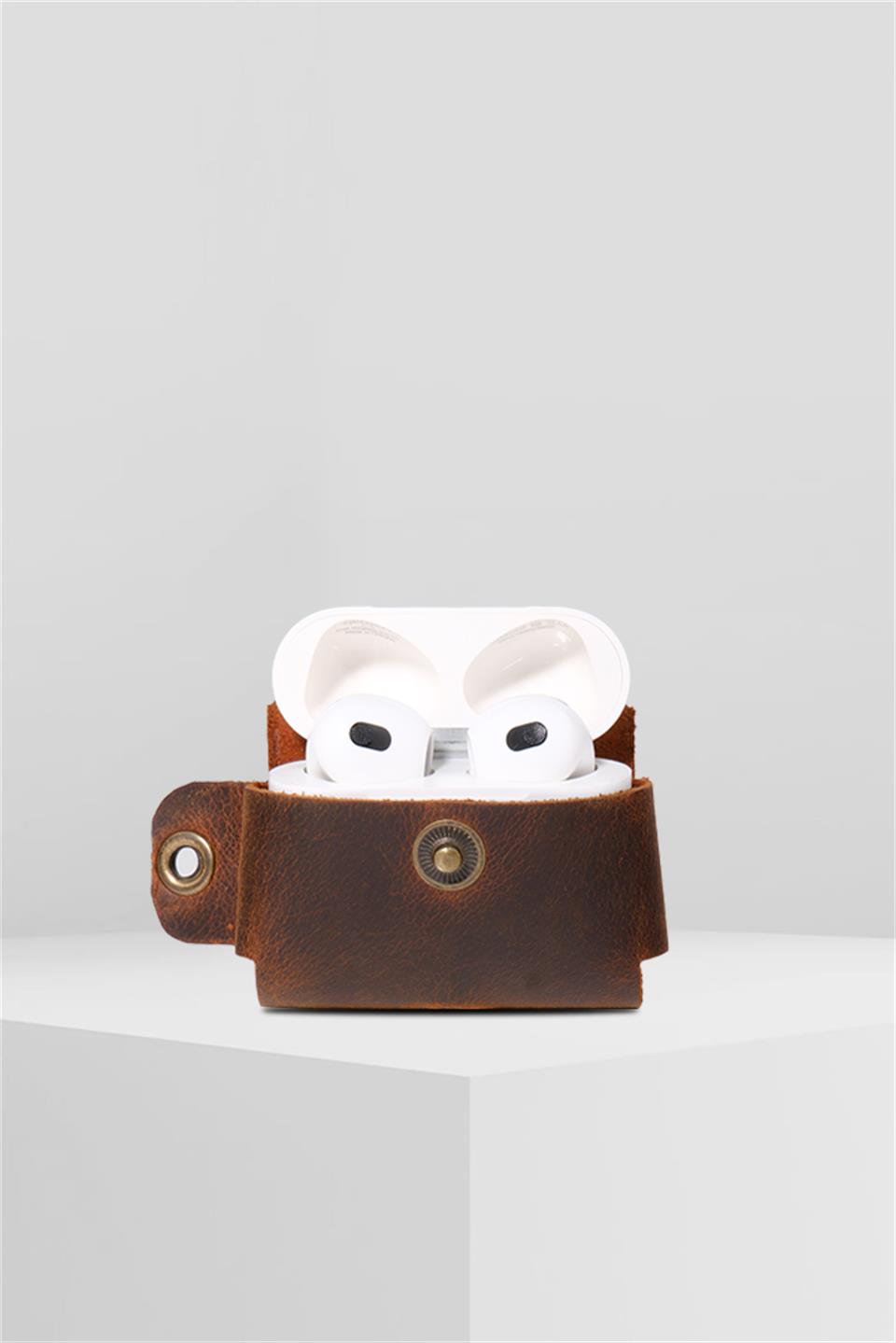 Apple Airpods Pro Hakiki Deri Kılıf+Anahtarlık Crazy Taba 