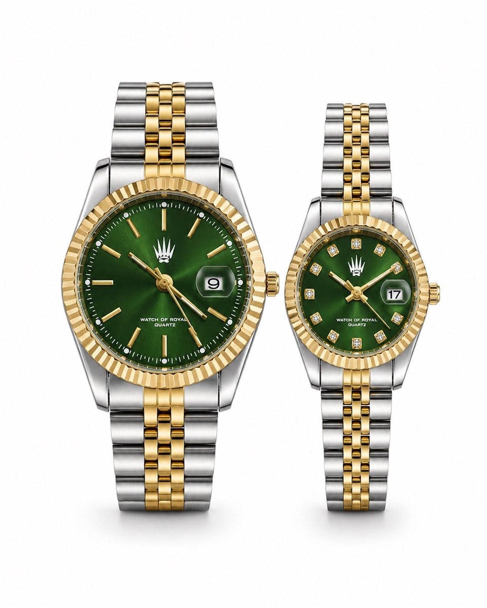 2li Set Çift Saati Crest Line Silver Gold Yeşil Kol Saati