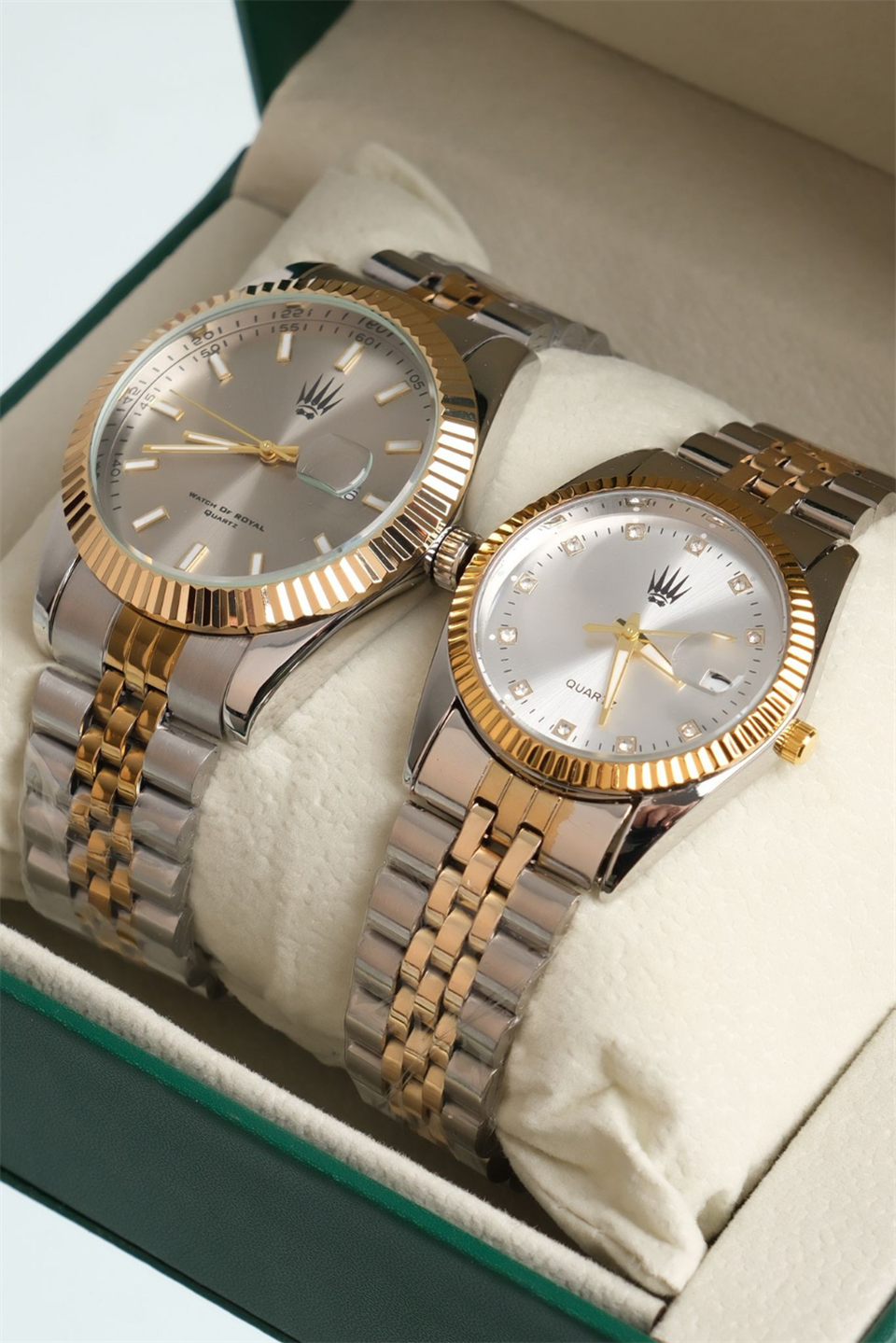 Çift Saati Crest Line Silver Gold white Kol Saati