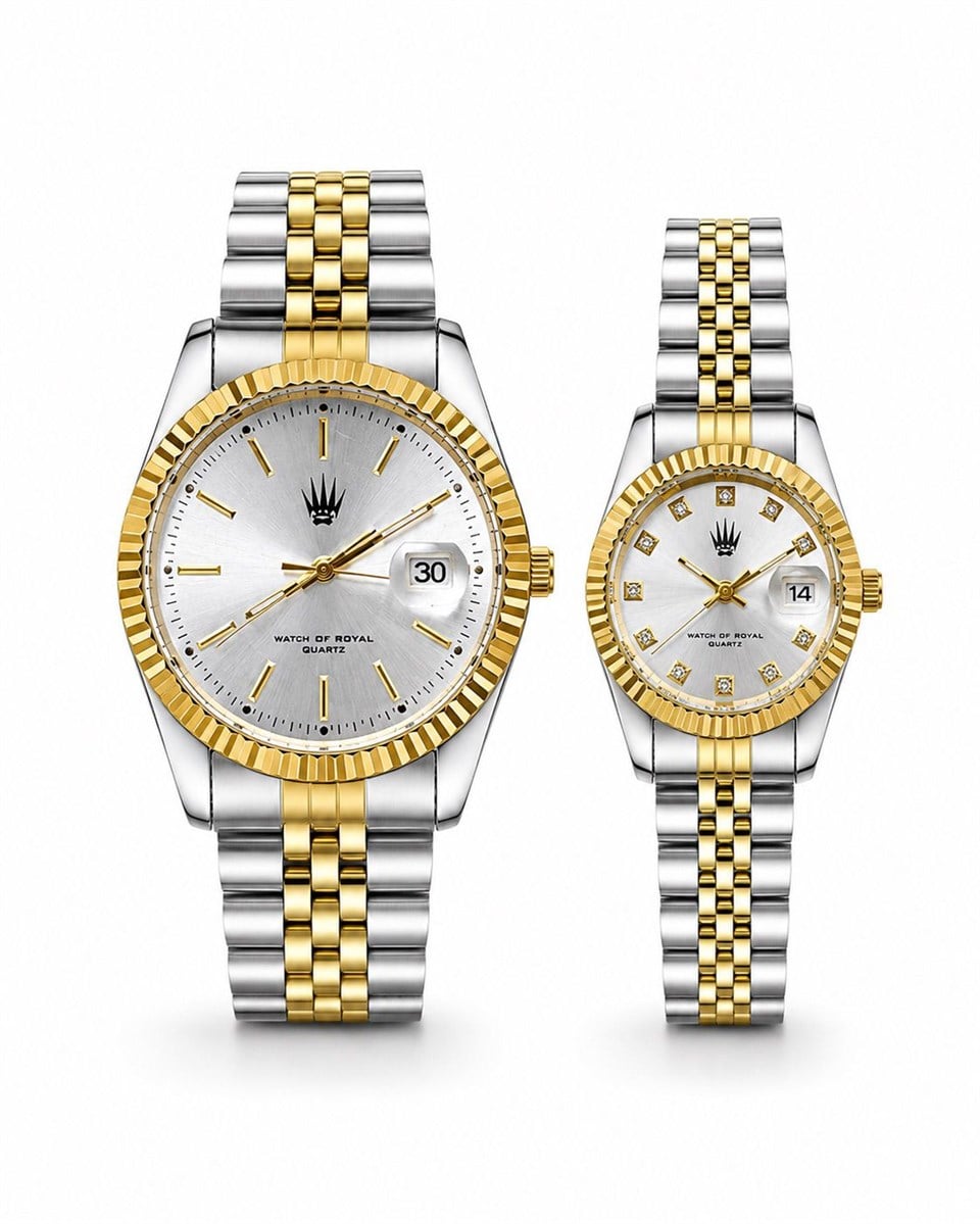 Çift Saati Crest Line Silver Gold white Kol Saati