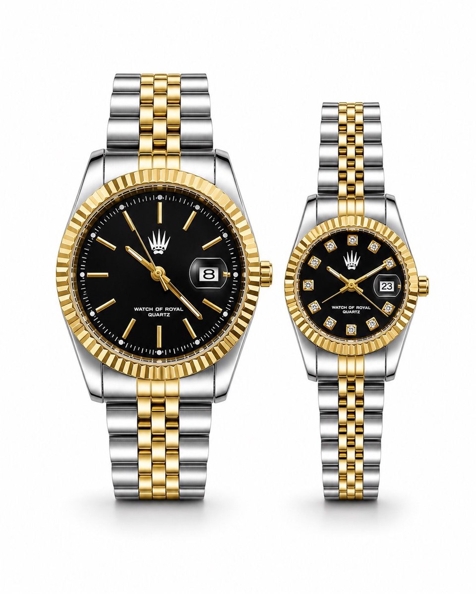 Çift Saati Crest Line Silver Gold Black Kol Saati