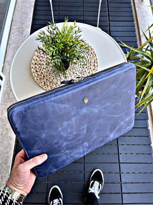 Premium Hakiki Deri Lacivert El Çantası Fermuarlı Notebook Organizatör Bouches