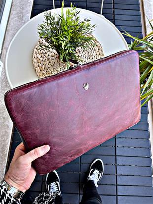 Premium Hakiki Deri Tiguan Bordo El Çantası Fermuarlı Portföy Notebook Organizatör Bouches