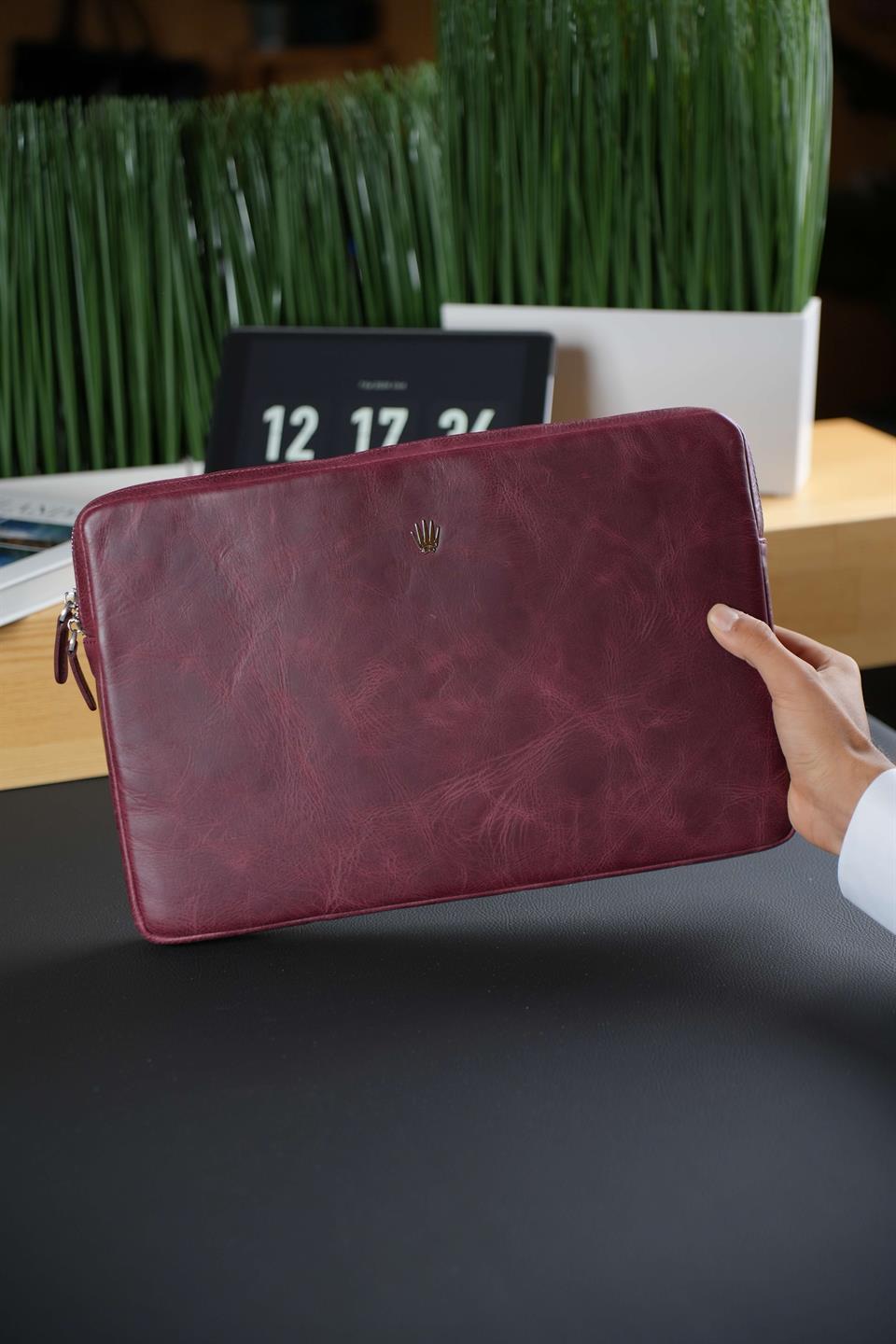 Premium Hakiki Deri Tiguan Bordo El Çantası Fermuarlı Portföy Notebook Organizatör Bouches