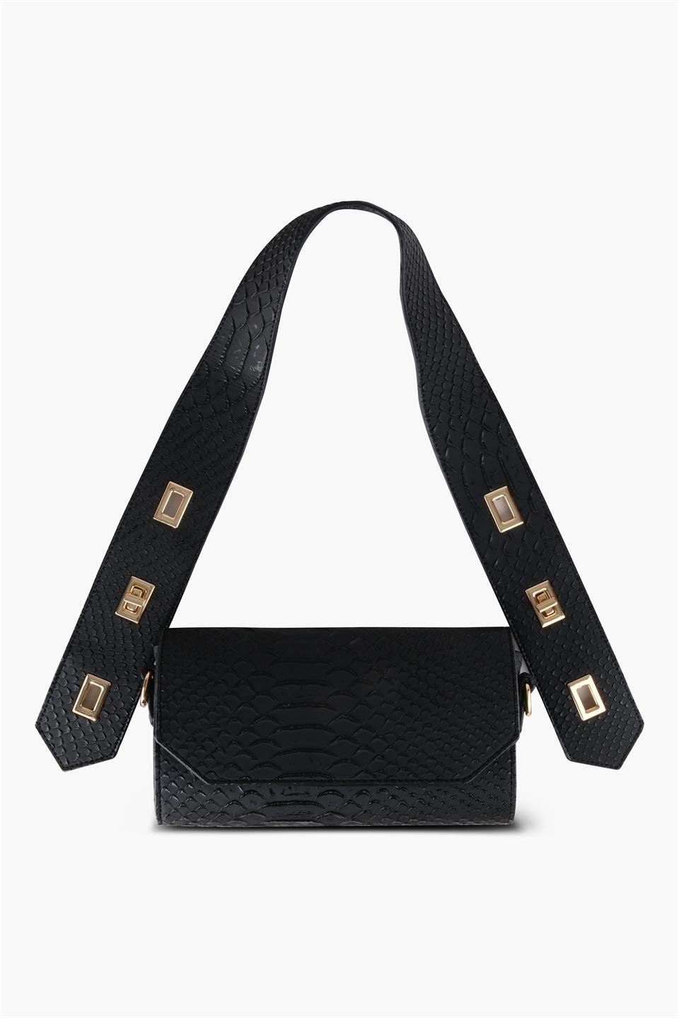 Kadın Desenli Siyah Deri Ayarlanabilir Omuz Ve El Çantası AMY