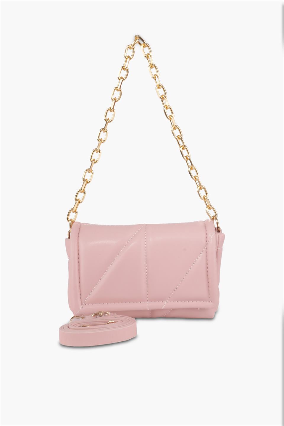 Kapitone Kadın Pudra Pembe Deri Çapraz Askılı Omuz Ve El Çantası Celia
