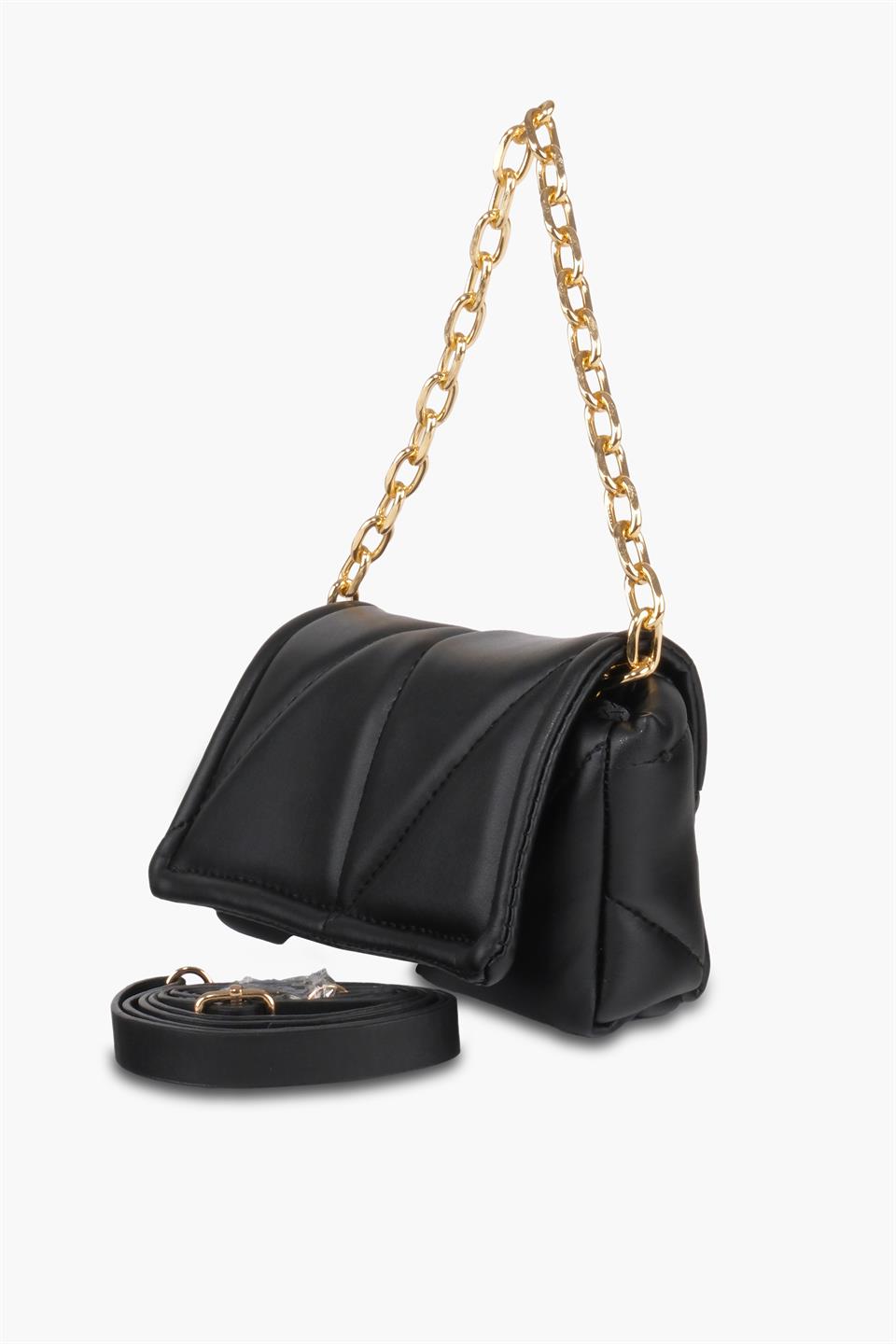 Kapitone Kadın Mini Siyah Deri Çapraz Askılı Omuz Ve El Çantası Celia