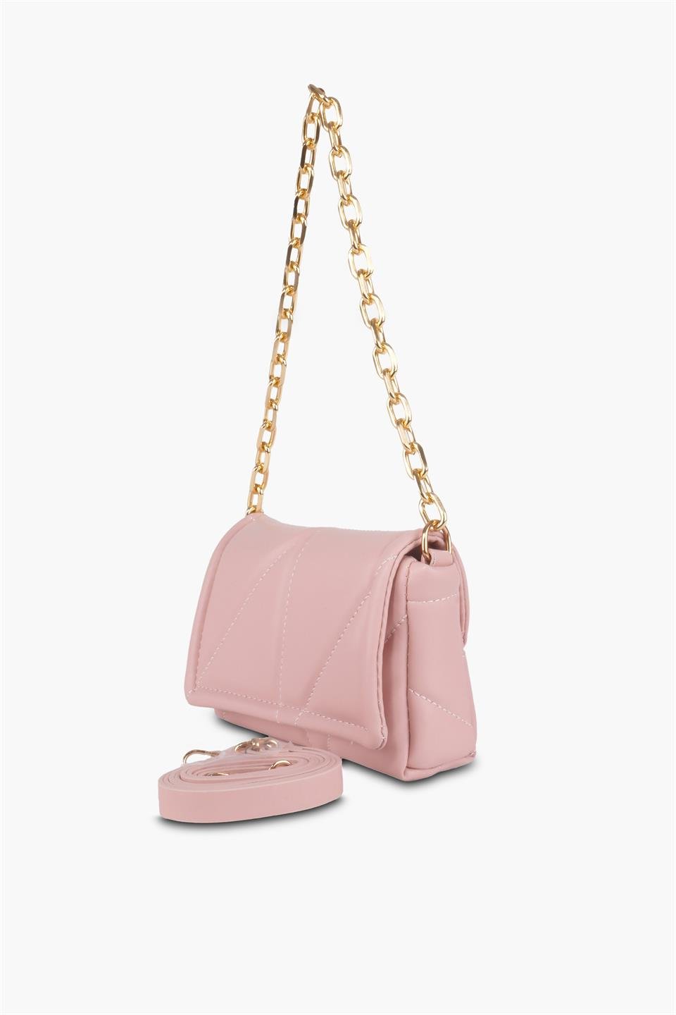 Kapitone Kadın Pudra Pembe Deri Çapraz Askılı Omuz Ve El Çantası Celia