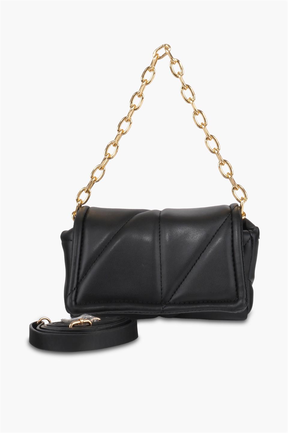 Kapitone Kadın Mini Siyah Deri Çapraz Askılı Omuz Ve El Çantası Celia