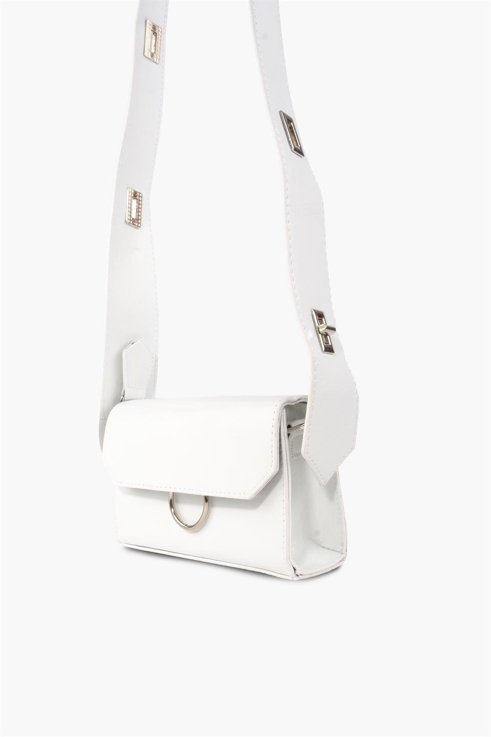 Kadın Desenli Beyaz Deri Ayarlanabilir Omuz Ve El Çantası Dina