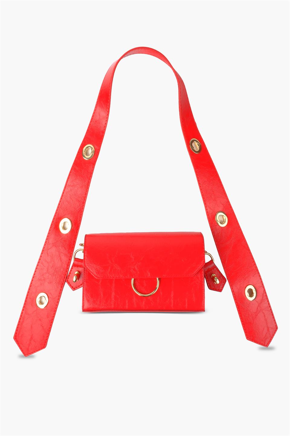 Kadın Desenli Kırmızı Deri Ayarlanabilir Omuz Ve El Çantası Dina