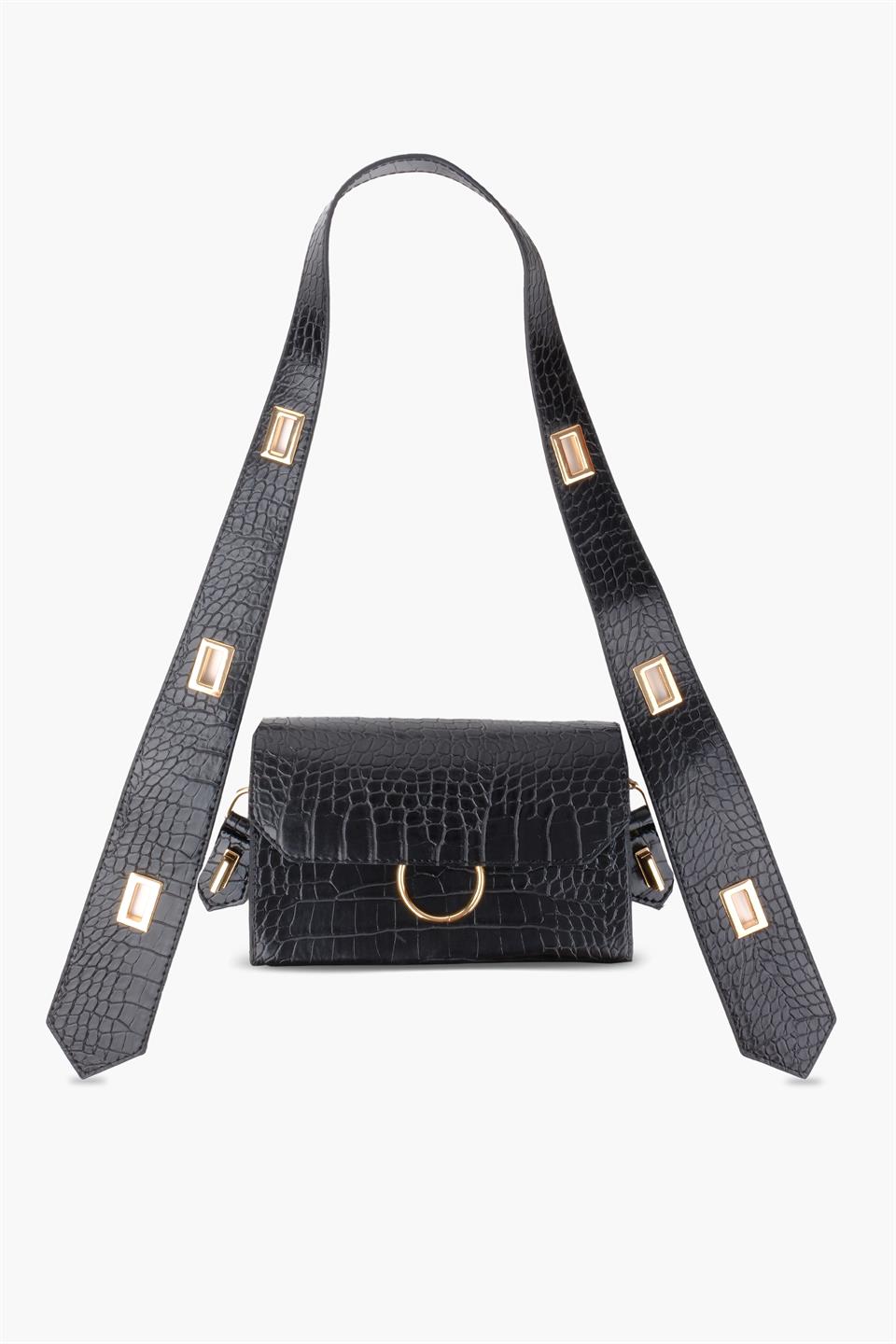 Kadın Desenli Siyah Deri Ayarlanabilir Omuz Ve El Çantası Dina