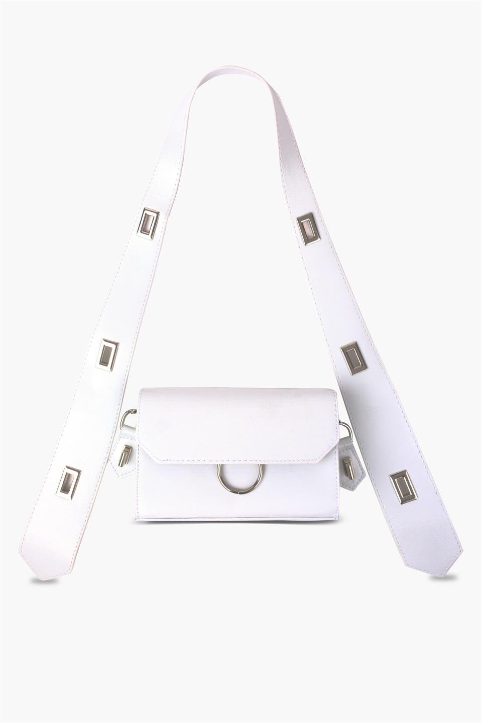 Kadın Desenli Beyaz Deri Ayarlanabilir Omuz Ve El Çantası Dina