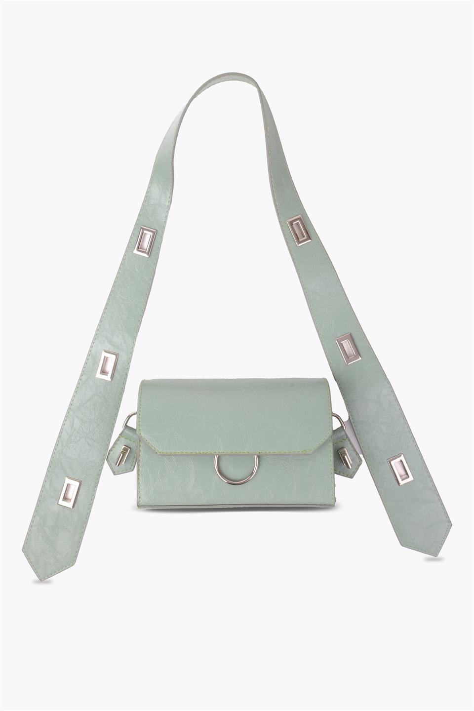 Kadın Desenli Mint Yeşili Deri Ayarlanabilir Omuz Ve El Çantası Dina