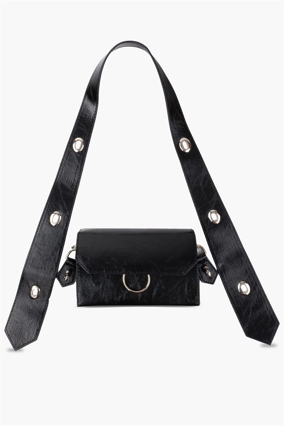 Kadın Siyah Deri Ayarlanabilir Omuz Ve El Çantası Dina