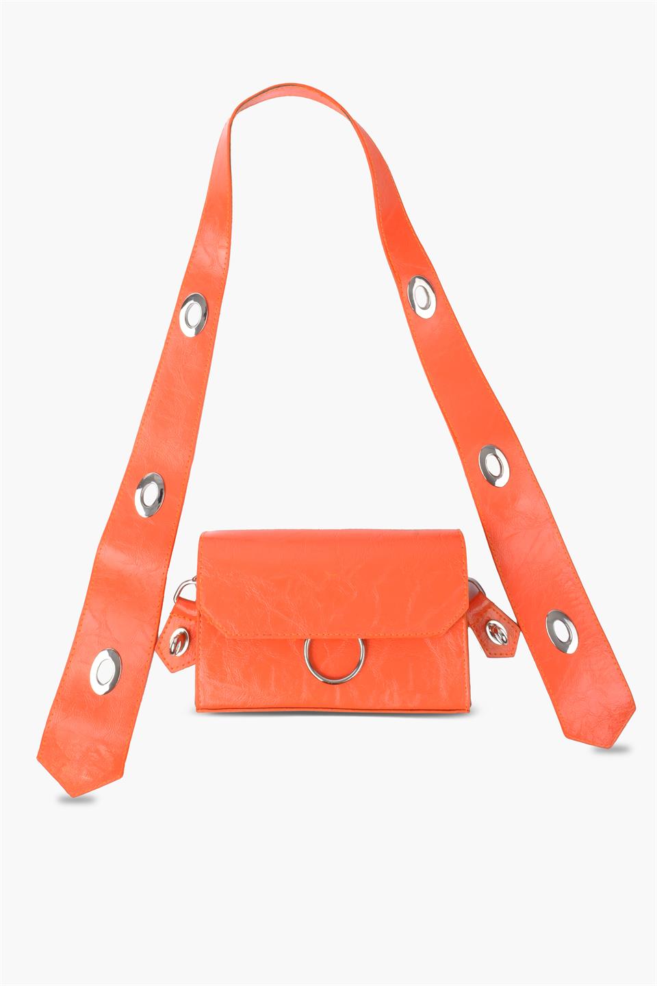 Kadın Turuncu Deri Ayarlanabilir Omuz Ve El Çantası Dina