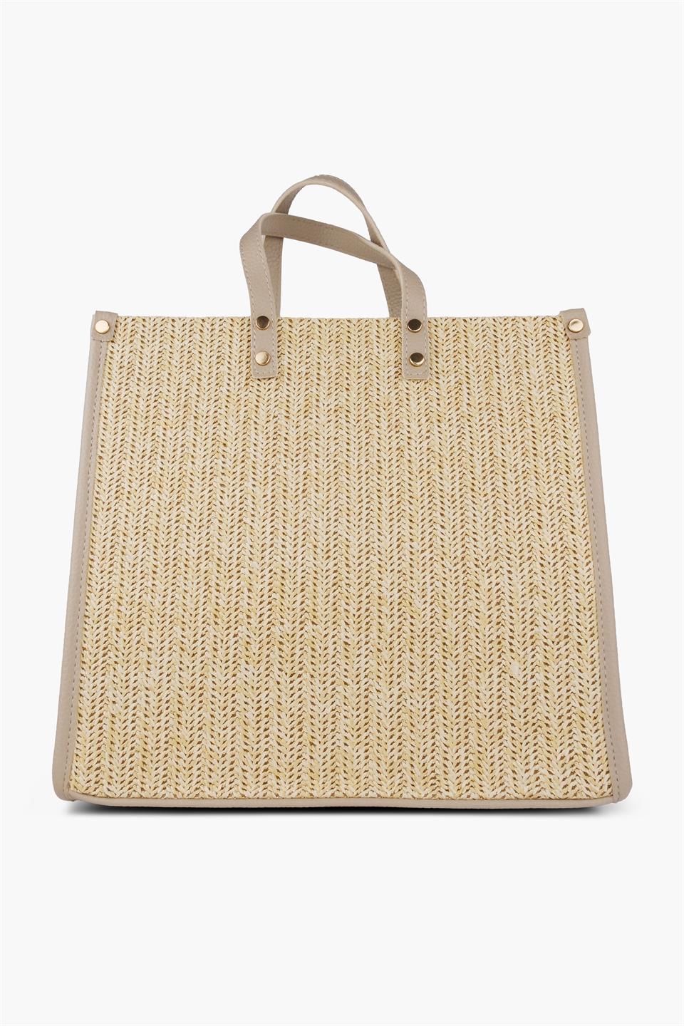 Kadın Vizon Hasır Etnik Desen Deri Detaylı Plaj Ve Omuz Çantası EMİLY