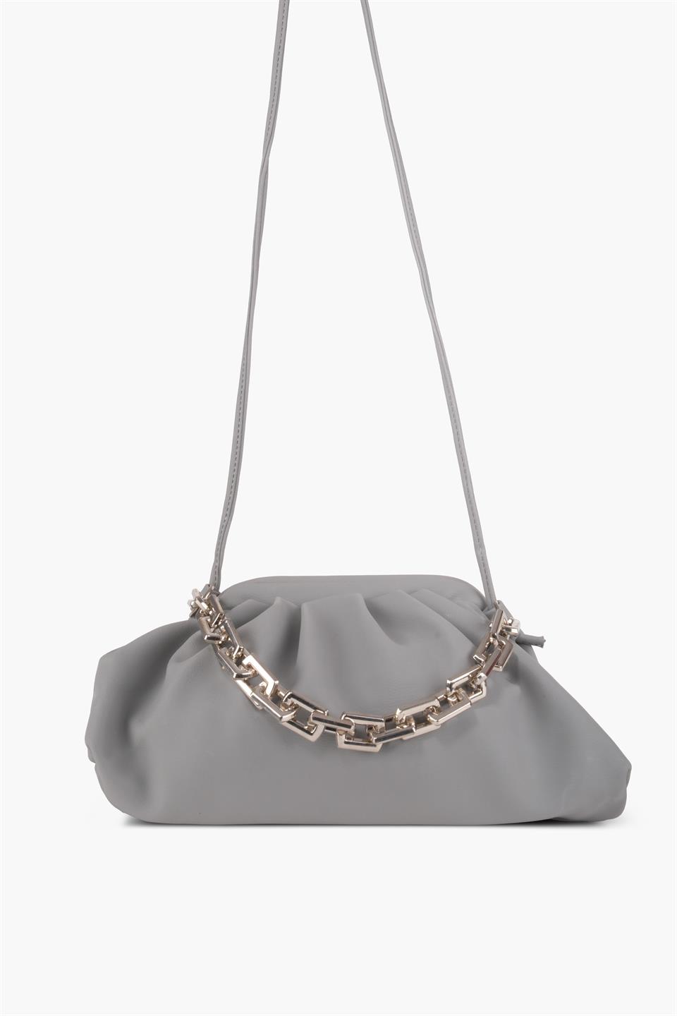 Kadın Gri Zincirli Çapraz Askılı Özel Kİlitli Deri Çanta Emma