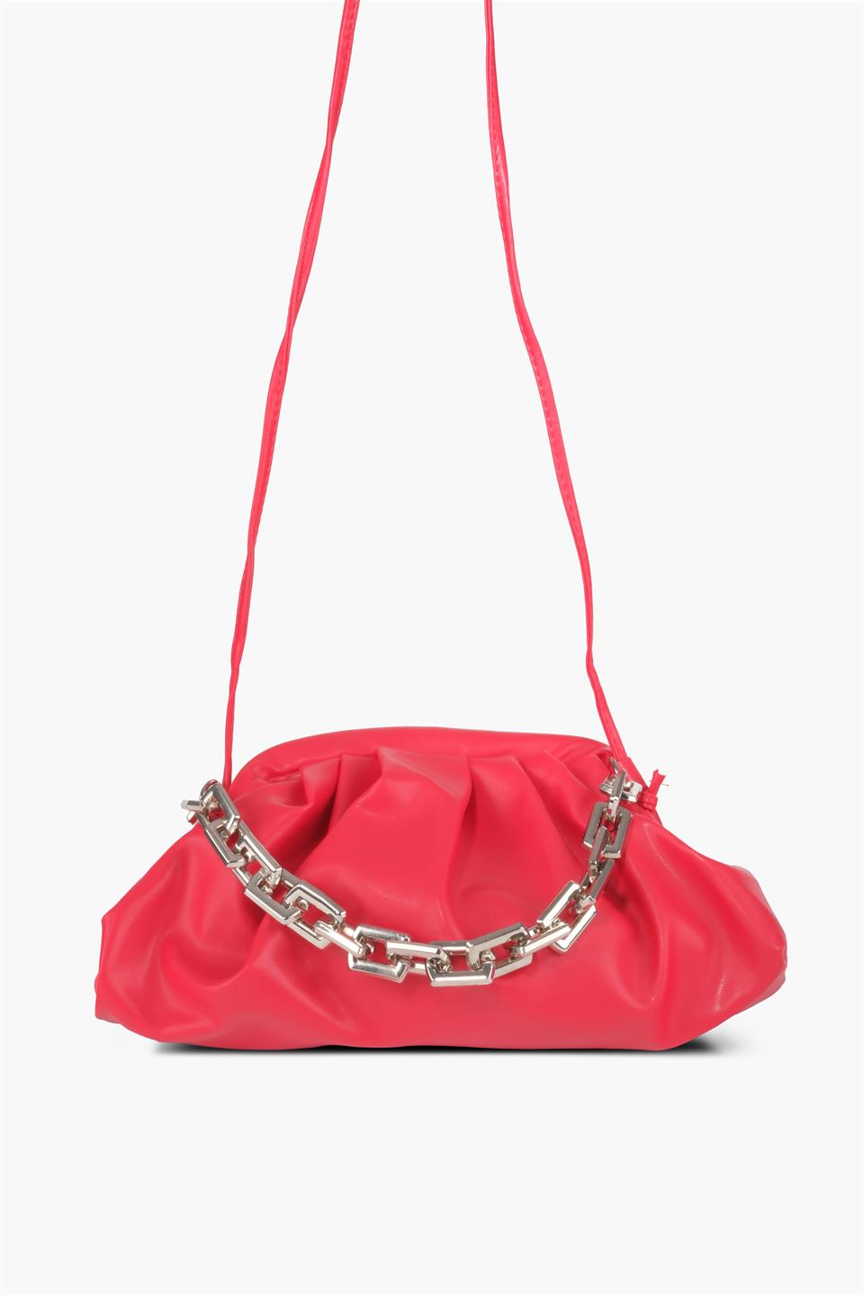Kadın Kırmızı Zincirli Çapraz Askılı Özel Kİlitli Deri Çanta Emma