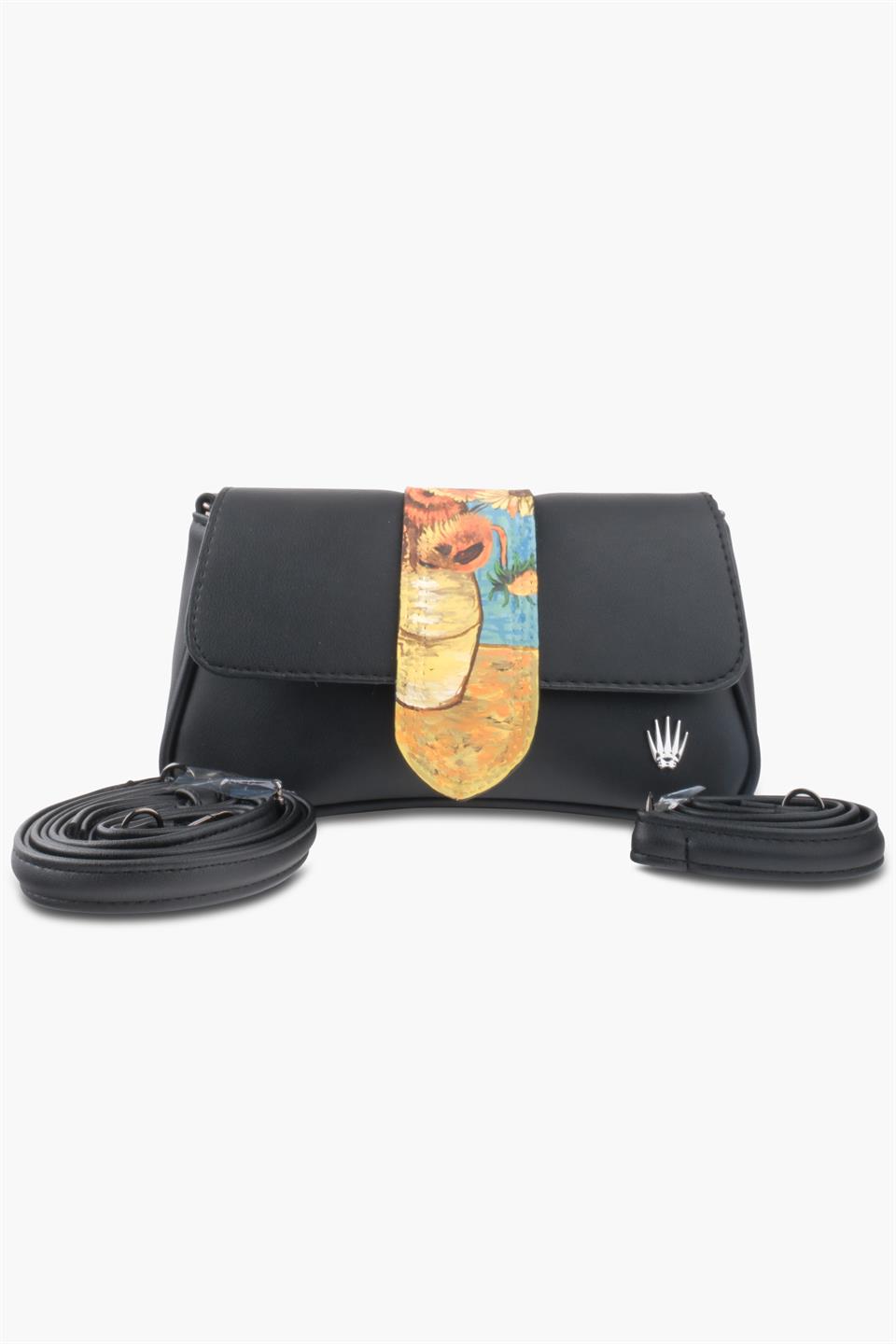 Kadın Onbeş Ay Çiçekli Vazo Siyah Askılı Deri Ve Omuz Çantası Juliette