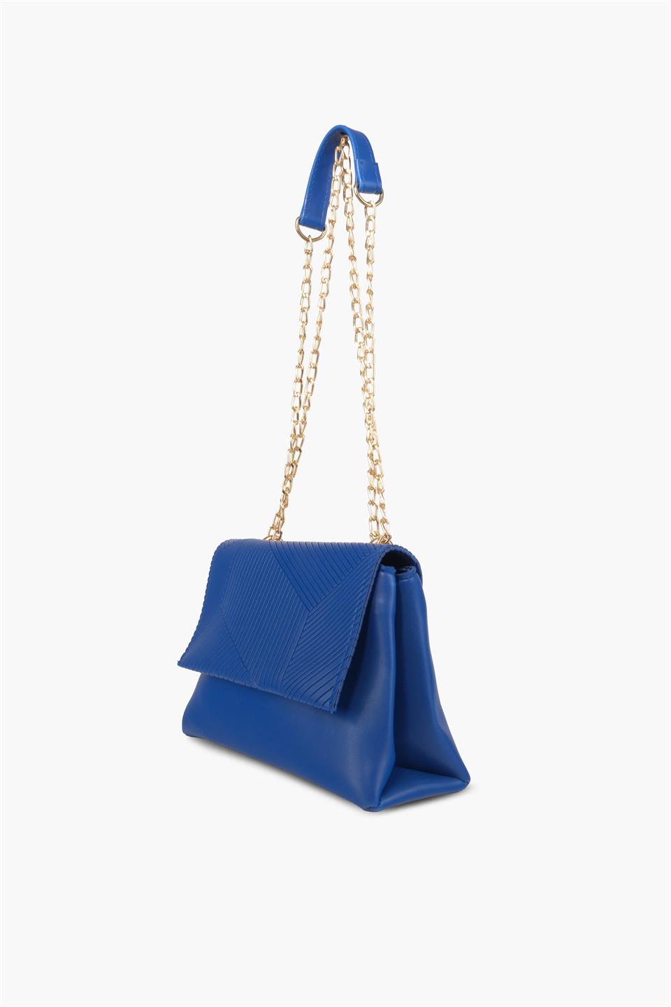 Saks Mavisi Asimetrik Desenli Gold Asklı Çapraz Askılı Ve Omuz Çantası Silvia