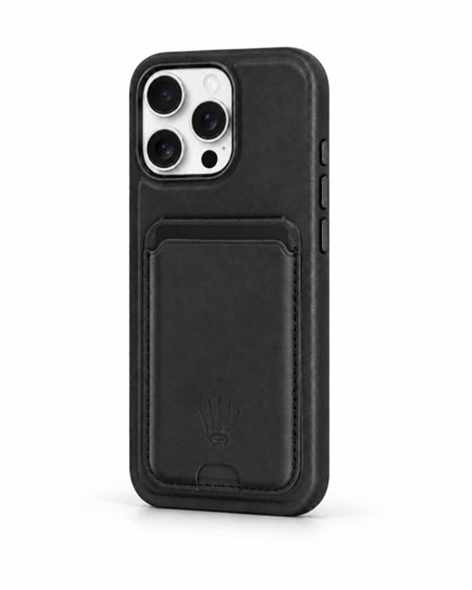 Standlı iPhone 13 Pro Max Siyah Deri Telefon Kılıfı