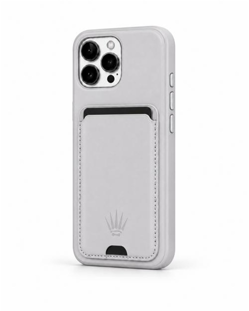 Standlı iPhone 14 Plus Gri Deri Telefon Kılıfı